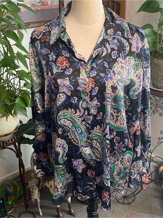 Zara Tops - Zara Black Floral Paisley Button-Up Blouse with Green & Pink Accents